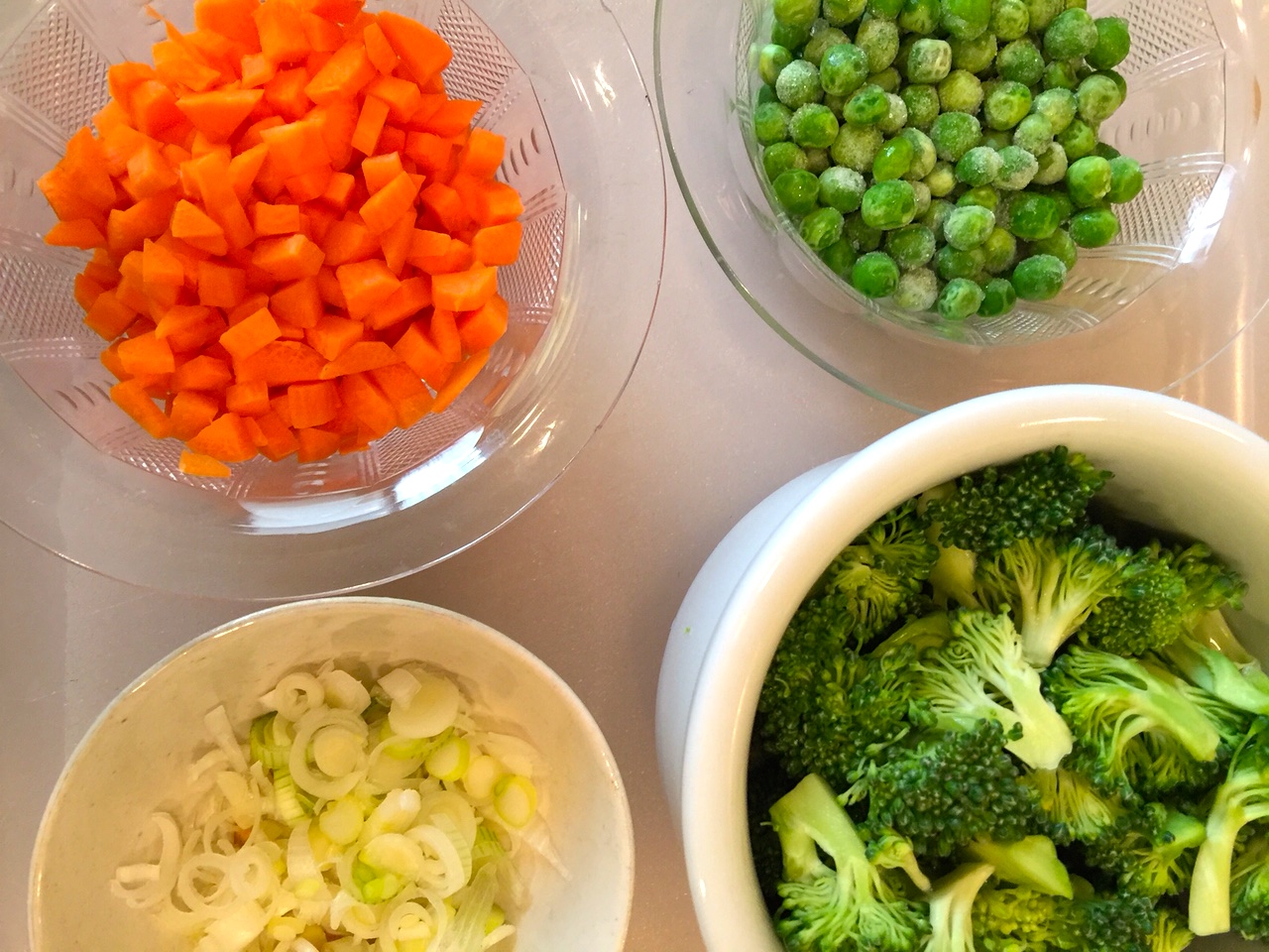 vegetables for fried rice in bowls