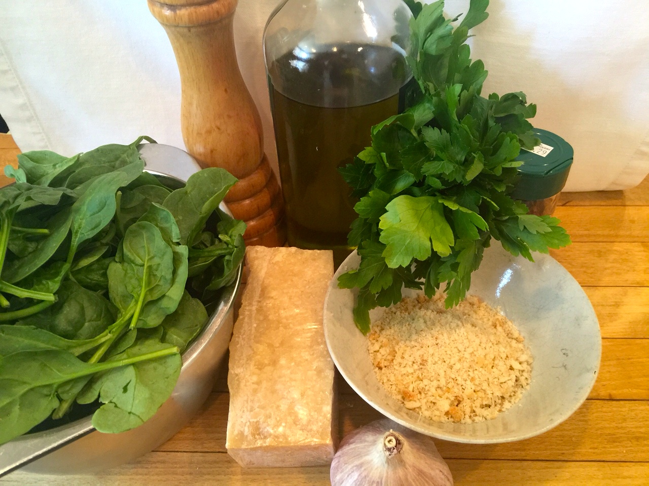 Mis en place linguini spinach